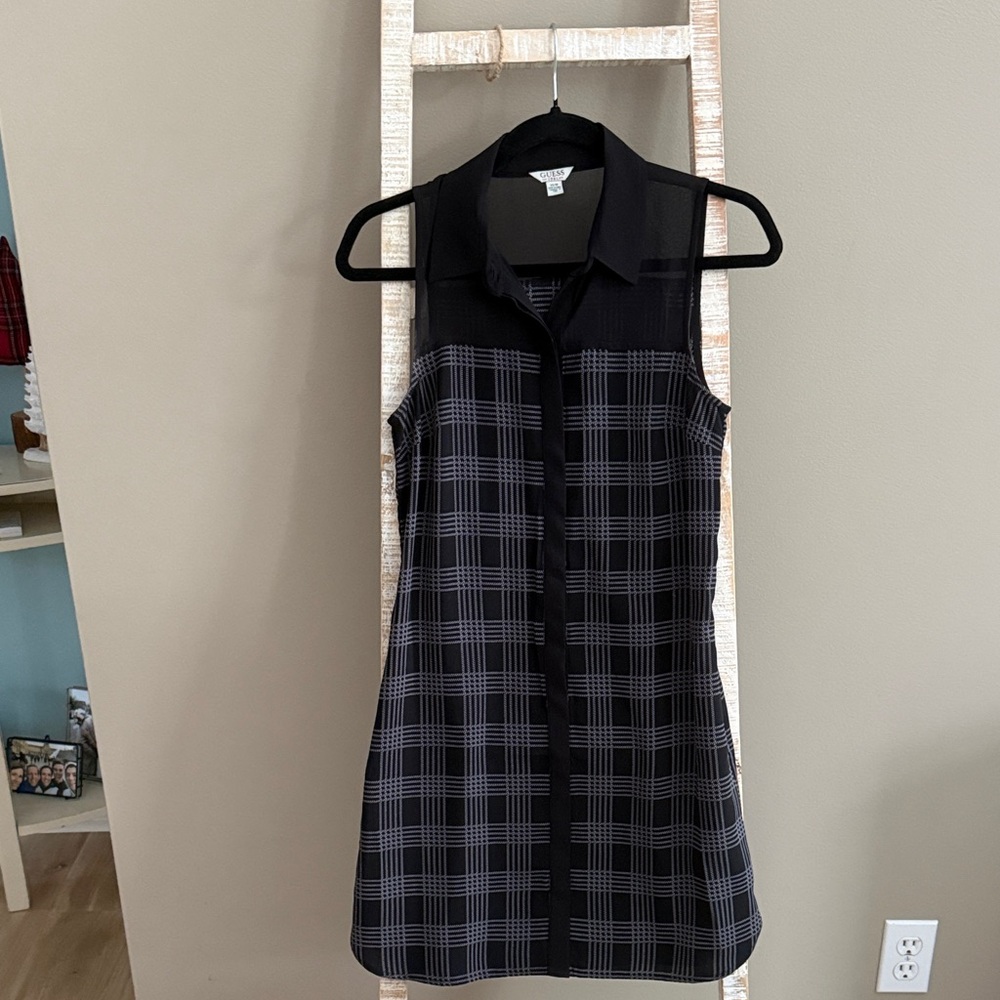 Guess Black and White Plaid Sleeveless Dress
